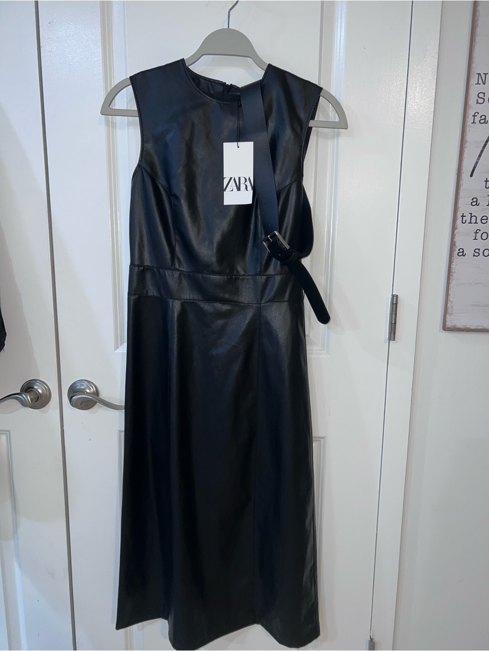 Zara Black Sleeveless Faux Leather Midi Dress with Belt